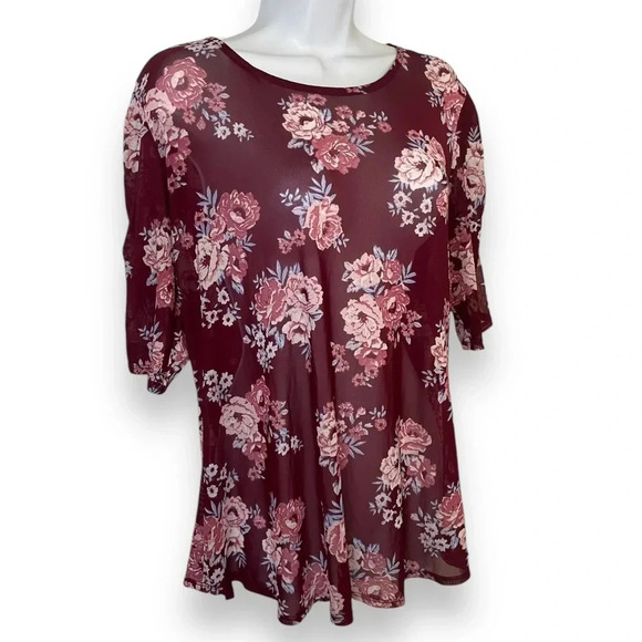Burgundy Floral Print Mesh Blouse 3X (XXXL) Women’s Top- No Boundaries - Picture 7 of 9